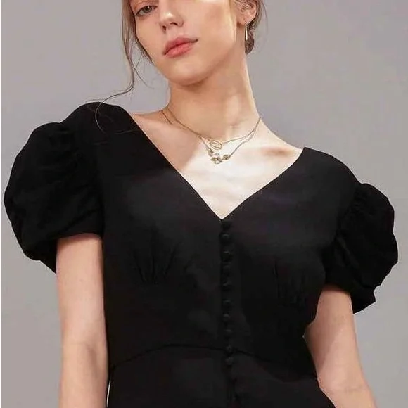 Saloni Sz 8 Margot Puff Sleeve Midi Fit & Flare Black Dress - Picture 3 of 16